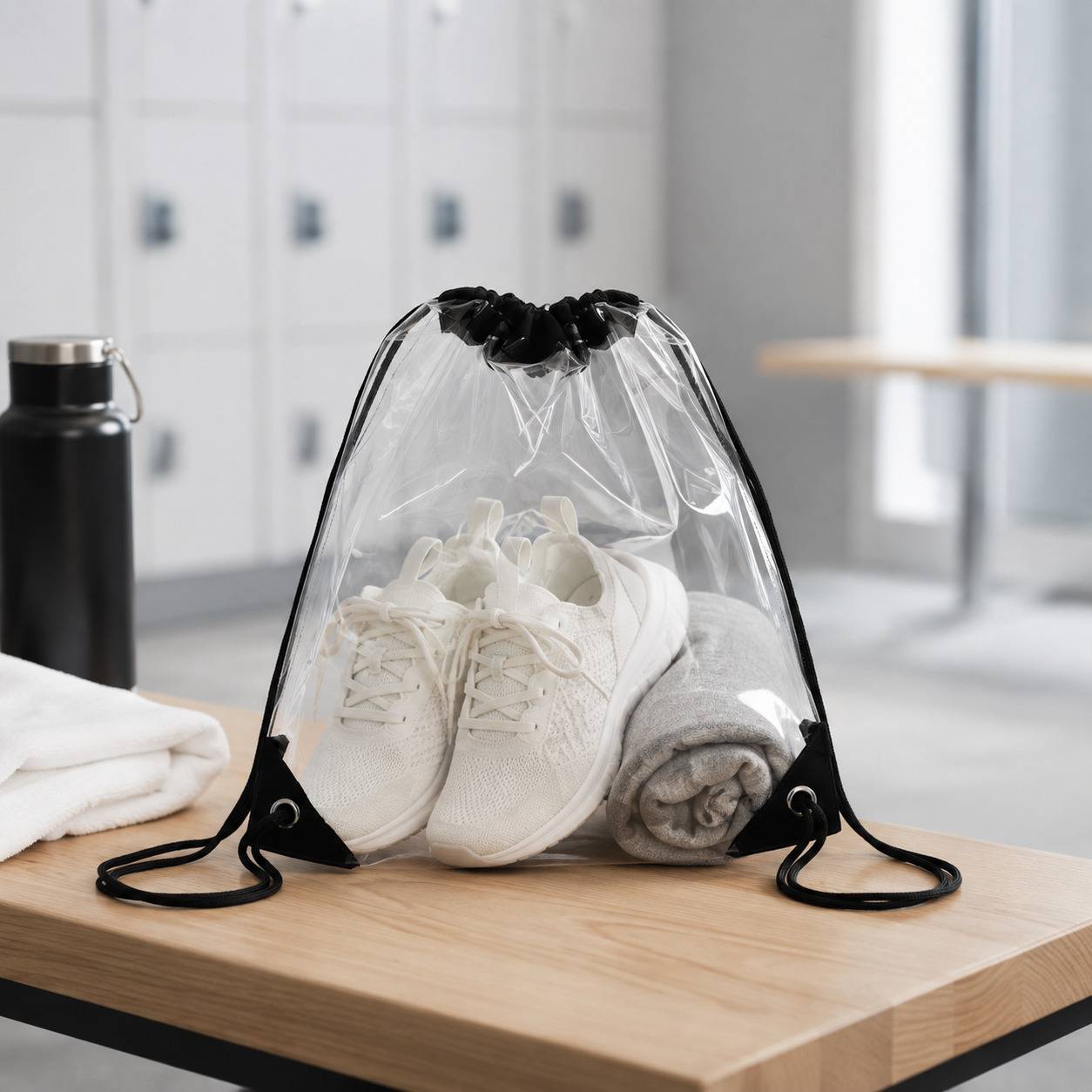 Clear drawstring backpack bag holding sneakers and a folded towel in a gym locker room.