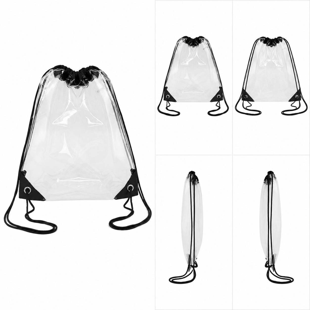 Multi-angle grid of the clear drawstring backpack bag showing front and folded side profile views.