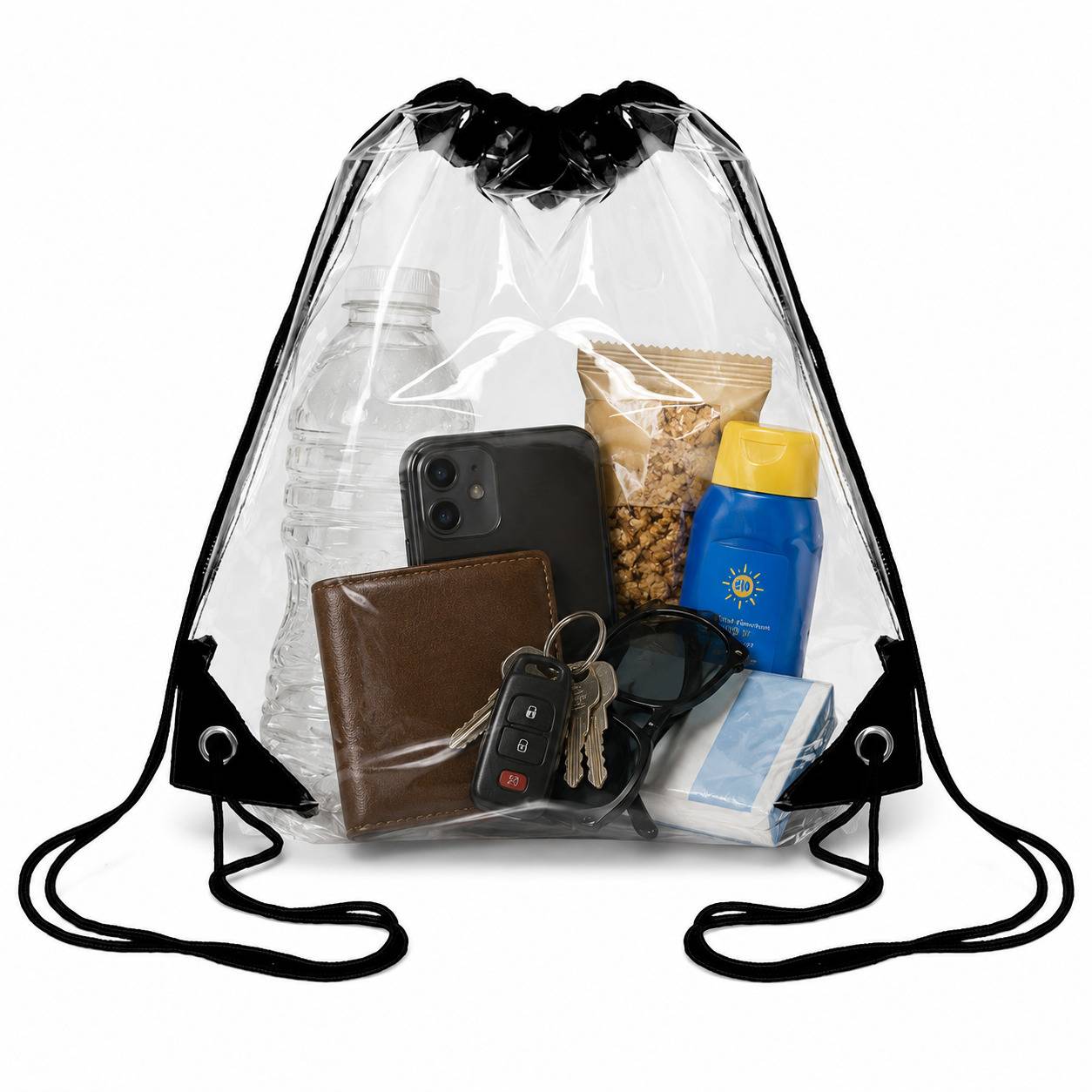 Clear drawstring backpack packed with a water bottle, phone, wallet, keys, sunglasses, and snacks.
