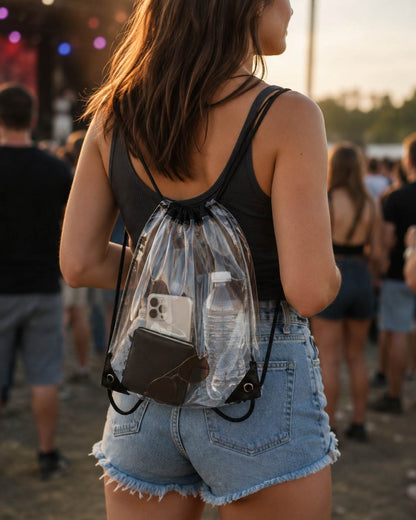 Woman wearing the clear drawstring backpack bag at an outdoor concert at sunset, packed with essentials.