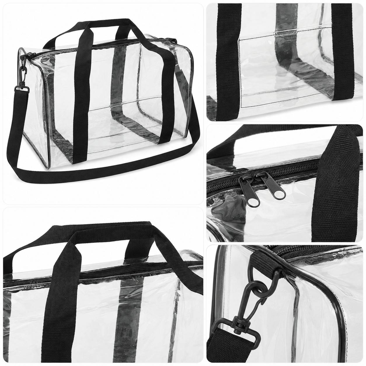 Close-up detail collage of the clear duffel bag showing handle stitching, zipper pulls, and strap clasp hardware.
