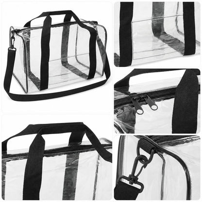 Close-up detail collage of the clear duffel bag showing handle stitching, zipper pulls, and strap clasp hardware.