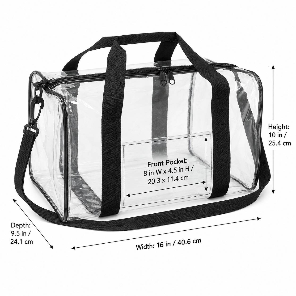 Dimension chart showing the clear duffel bag measuring 16 inches wide, 10 inches high, and 9.5 inches deep, with an 8x4.5 inch front pocket.