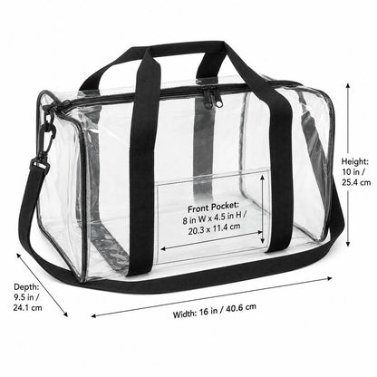 Dimension chart showing the clear duffel bag measuring 16 inches wide, 10 inches high, and 9.5 inches deep, with an 8x4.5 inch front pocket.