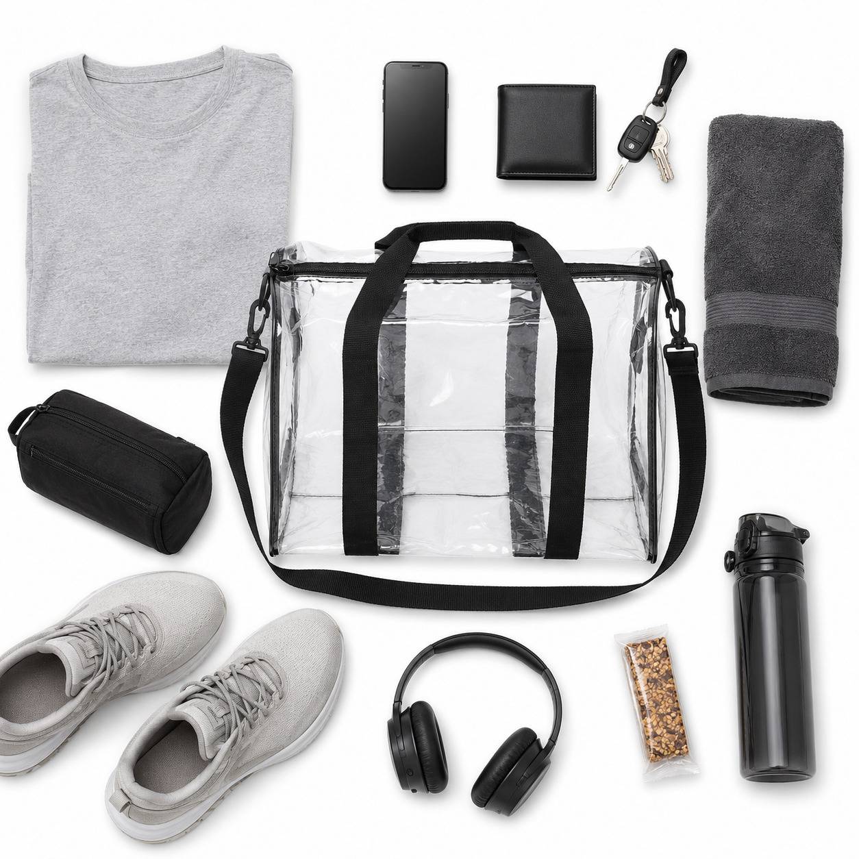 Top-down flatlay of the clear duffel bag surrounded by a shirt, phone, wallet, keys, towel, toiletry bag, shoes, headphones, and a water bottle.