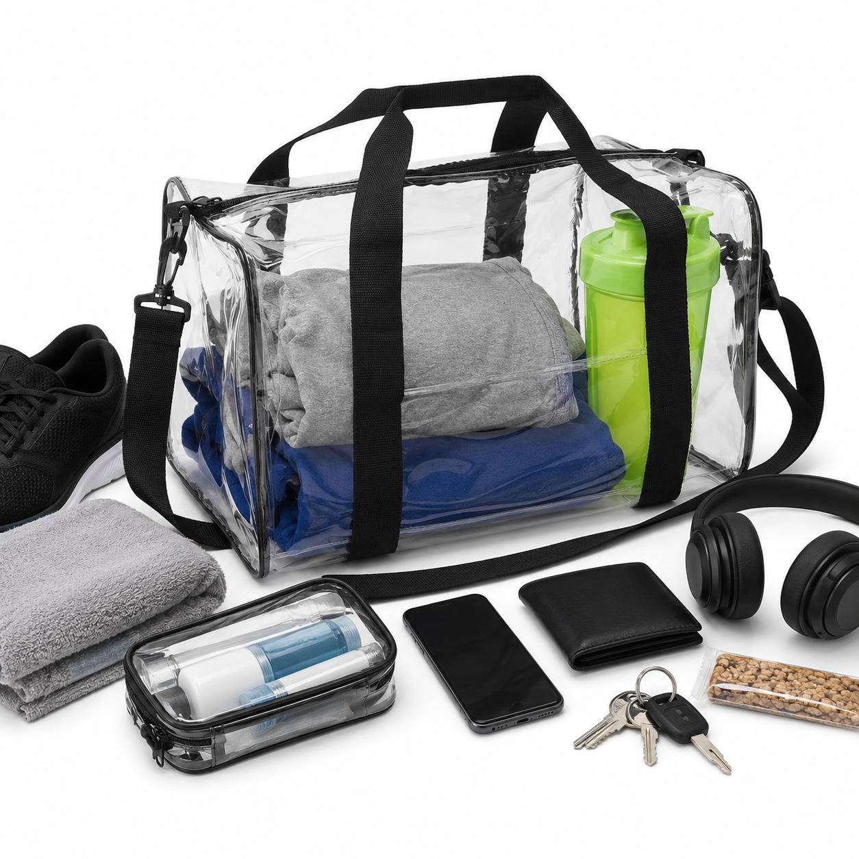 Clear duffel bag packed with clothes and a shaker bottle, surrounded by shoes, headphones, a wallet, and keys.