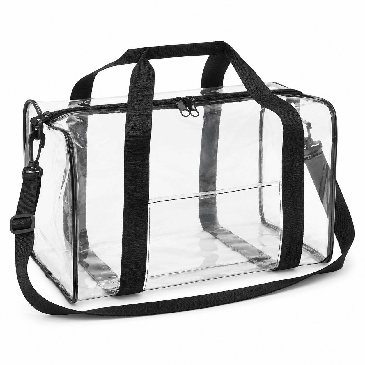 Clear duffel bag with black trim shown empty from a front-angled view, straps and top zipper visible.