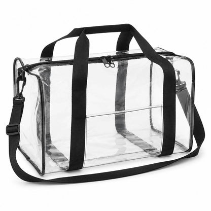 Clear duffel bag with black trim shown empty from a front-angled view, straps and top zipper visible.