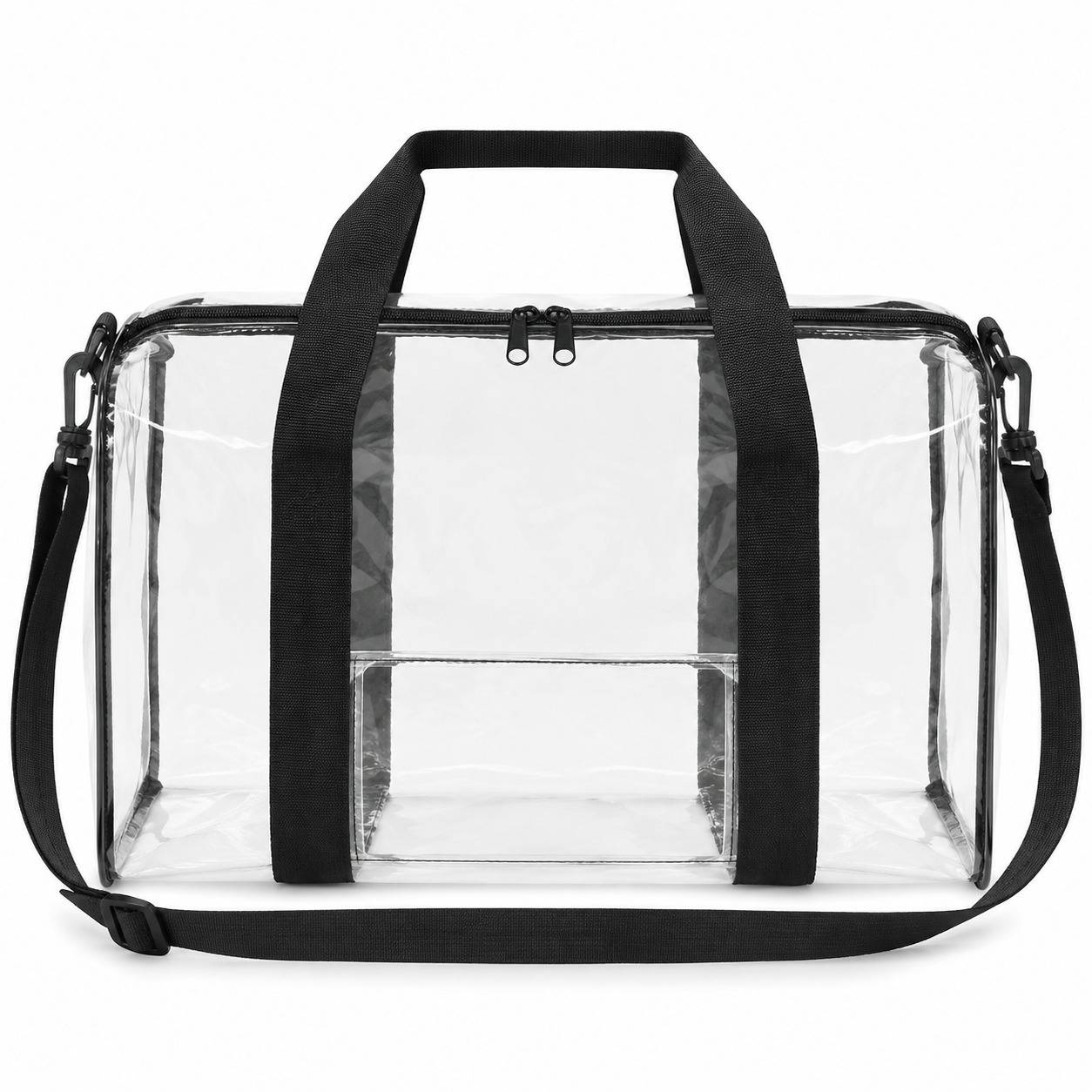 Straight-on front view of the empty clear duffel bag with black nylon handles and shoulder strap.