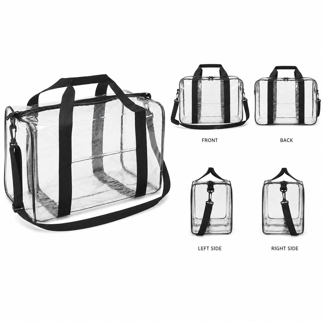 Multi-angle grid of the clear duffel bag showing front, back, left side, and right side views.