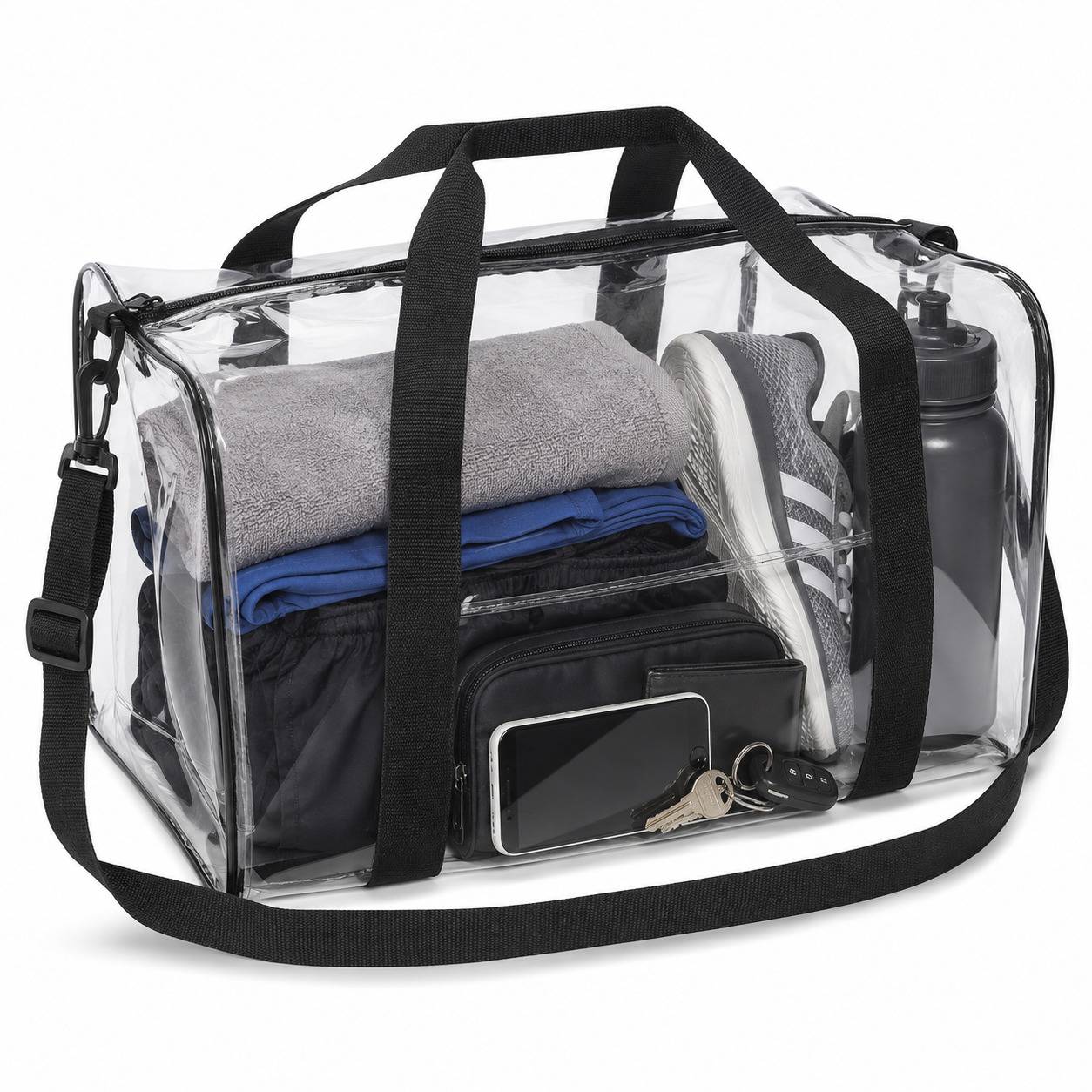 Clear duffel bag packed with folded clothes, sneakers, and a water bottle, shown at an angle.