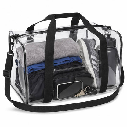 Clear duffel bag packed with folded clothes, sneakers, and a water bottle, shown at an angle.
