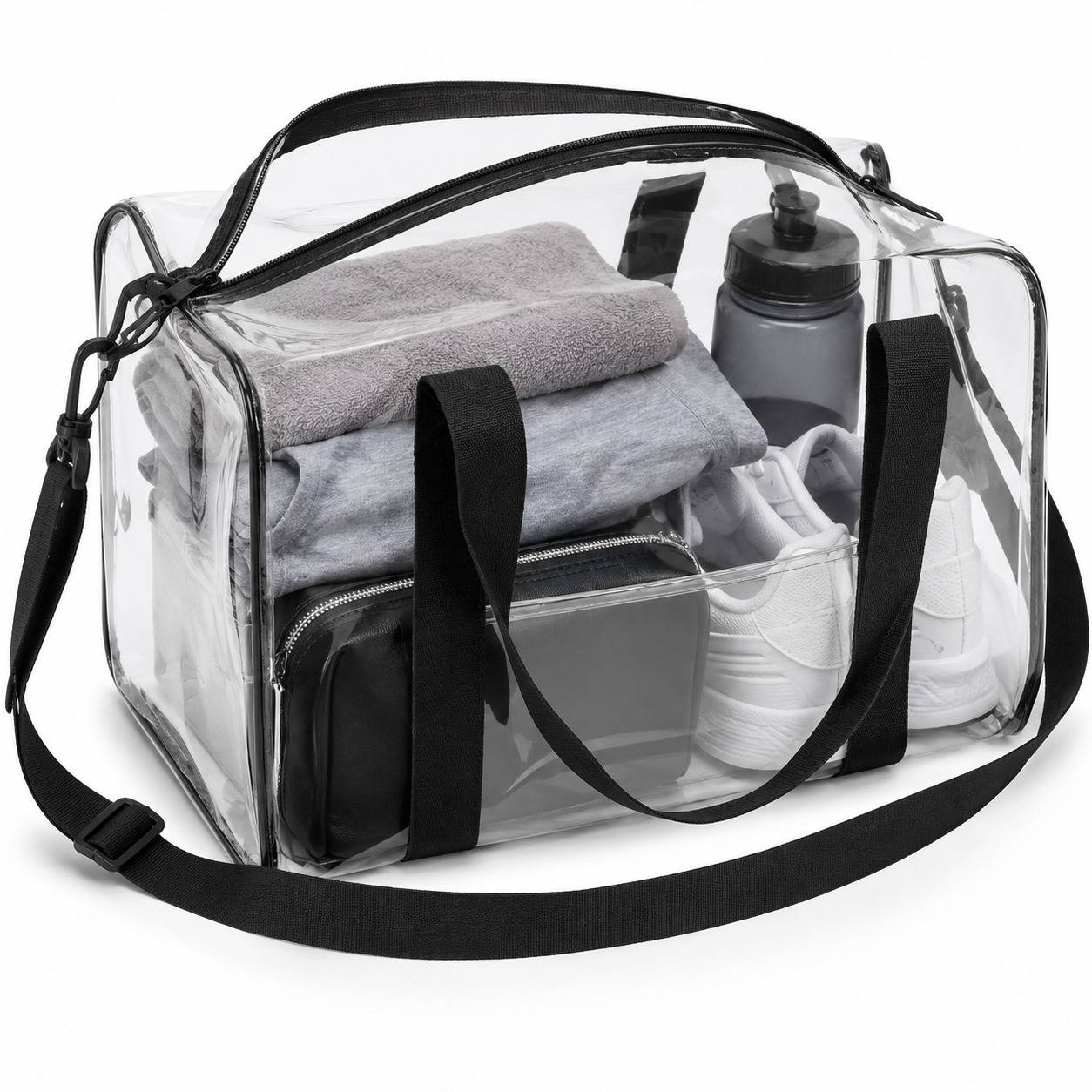 Clear duffel bag packed with a towel, toiletry pouch, sneakers, and a water bottle, shown at an angle.