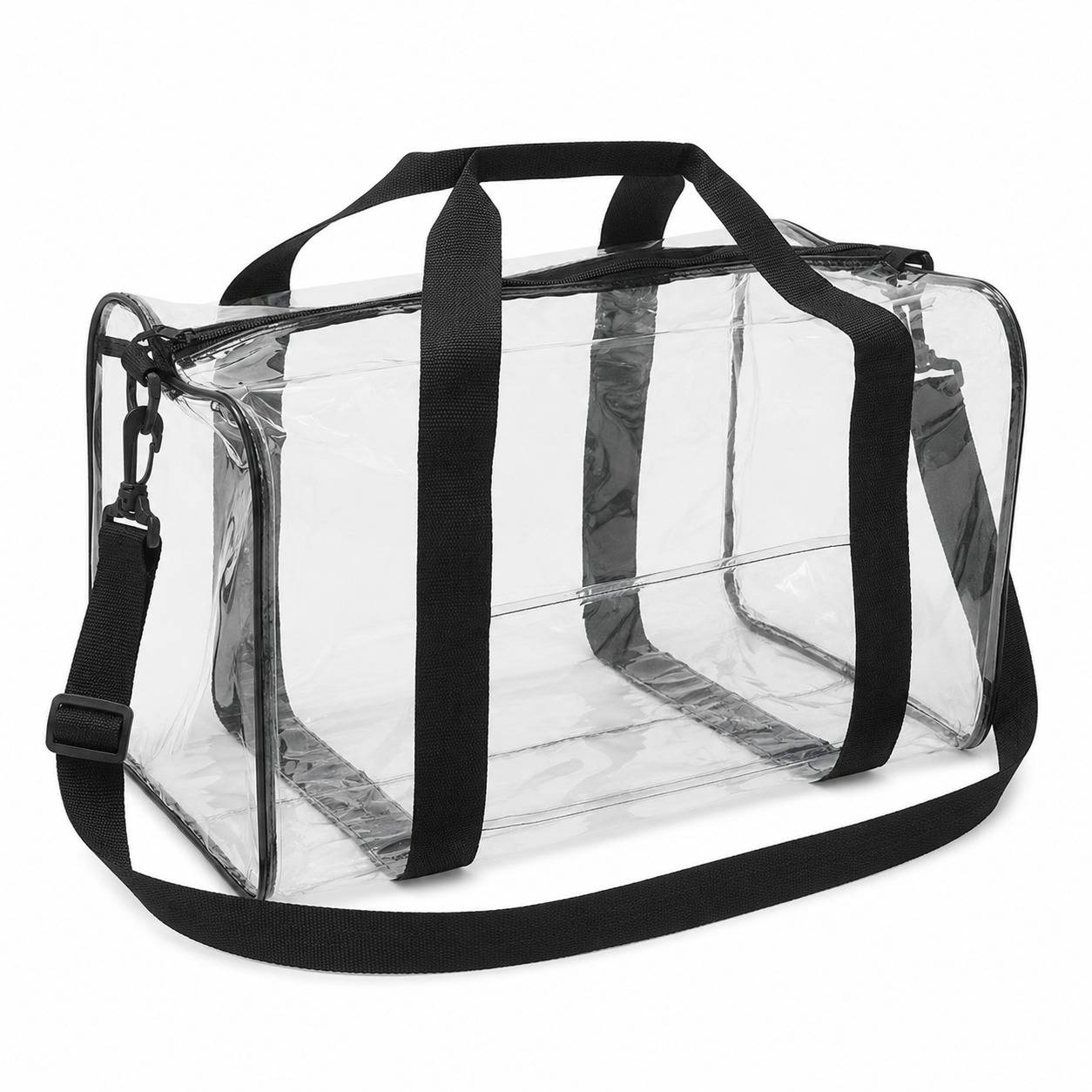 Side-angled view of the empty clear duffel bag showing the zipper closure and clip strap attachment.