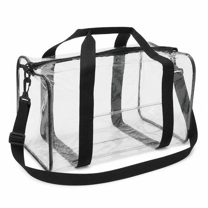 Side-angled view of the empty clear duffel bag showing the zipper closure and clip strap attachment.
