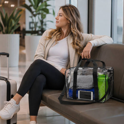 Woman seated in an airport lounge with the clear duffel bag and rolling luggage beside her.