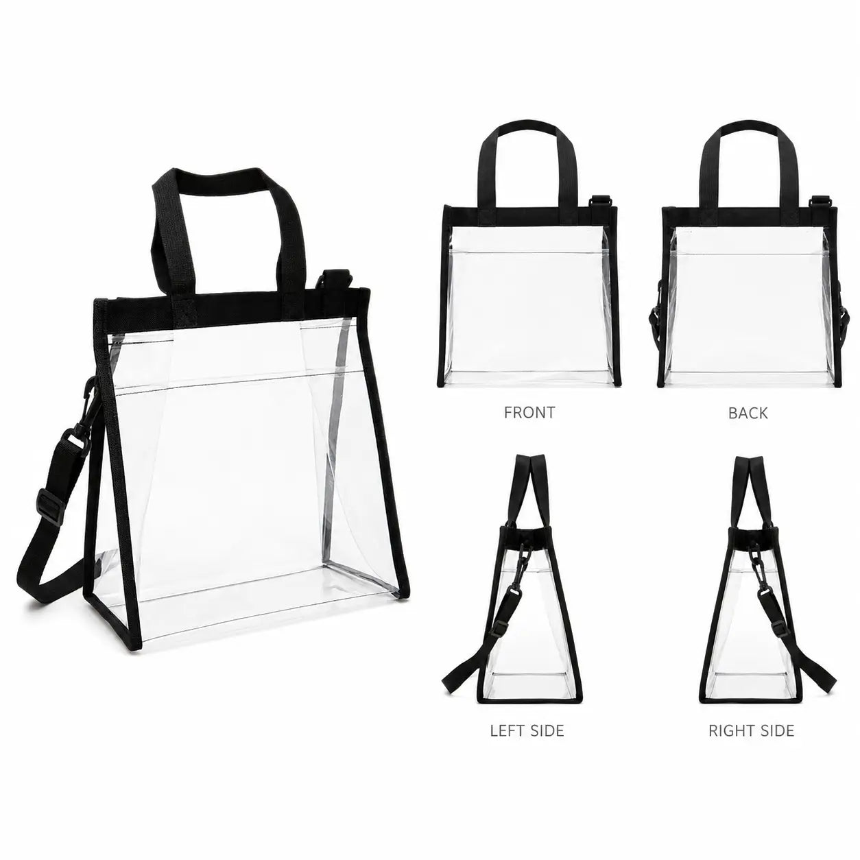 Front, back and side views of clear lunch bag tote with black handle and strap