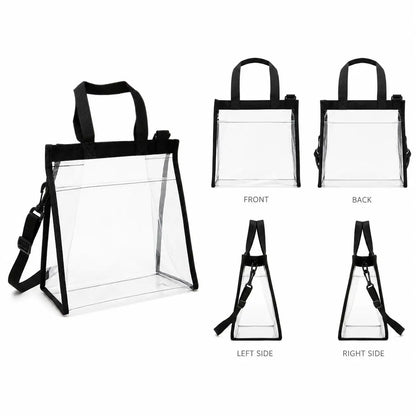 Front, back and side views of clear lunch bag tote with black handle and strap
