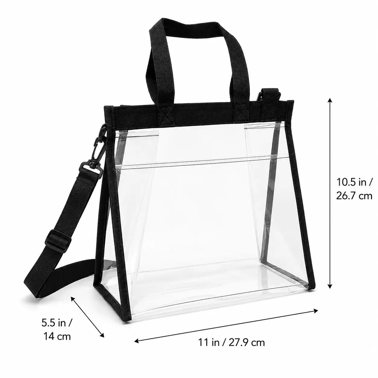 Dimensions diagram of clear lunch bag tote measuring 11 by 10.5 by 5.5 inches