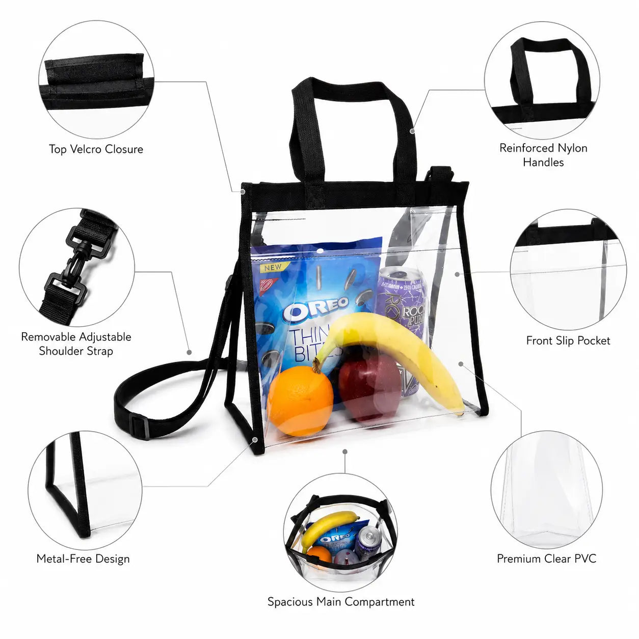 Clear lunch bag tote with labeled features: velcro closure, detachable strap, mesh pocket