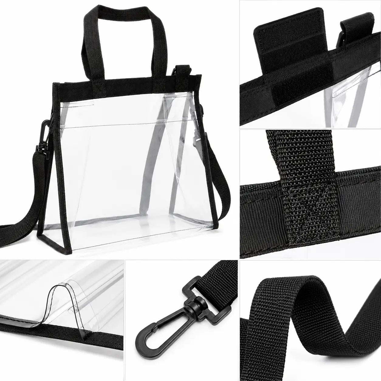 Clear plastic tote bag with black handles, black shoulder strap, and black trim, shown in a multi-view collage on a white background.