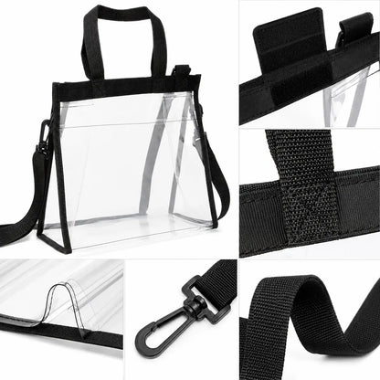 Clear plastic tote bag with black handles, black shoulder strap, and black trim, shown in a multi-view collage on a white background.