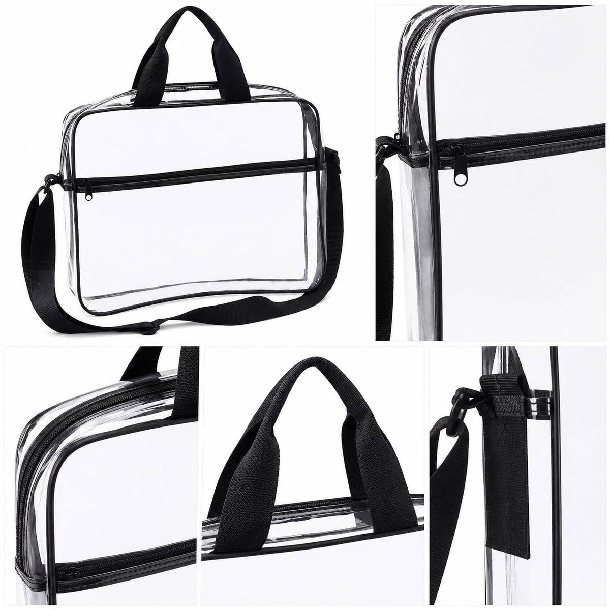 Close-up detail collage of the clear portfolio briefcase showing the zipper, handle stitching, and strap clip hardware.