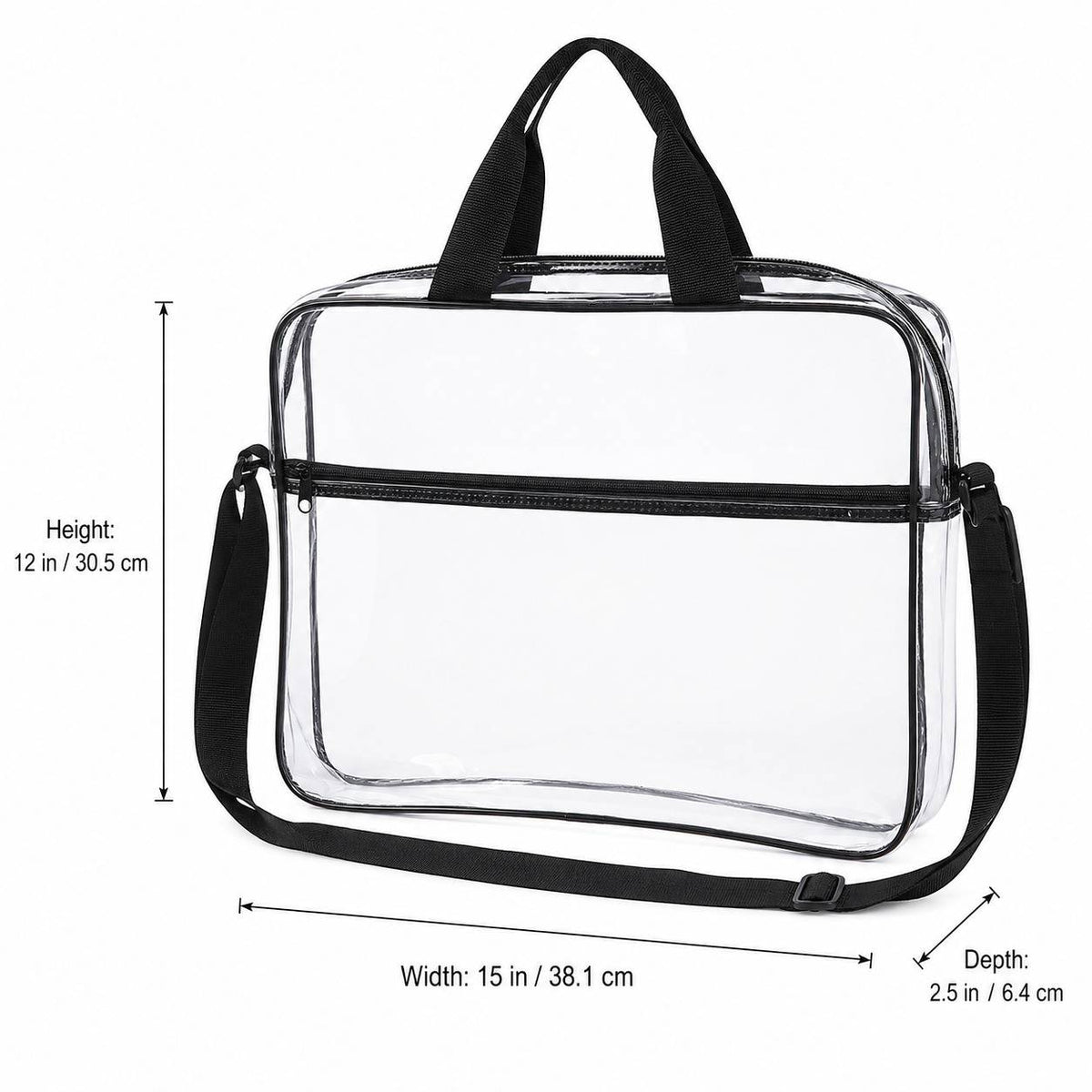 Dimension chart showing the clear portfolio briefcase measuring 15 inches wide, 12 inches high, and 2.5 inches deep.