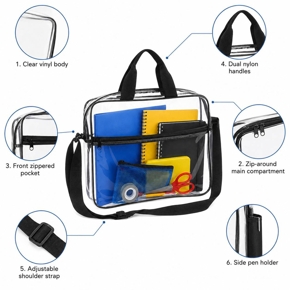 Diagram of the clear portfolio briefcase highlighting the clear vinyl body, zip-around compartment, front pocket, nylon handles, adjustable strap, and side pen holder.