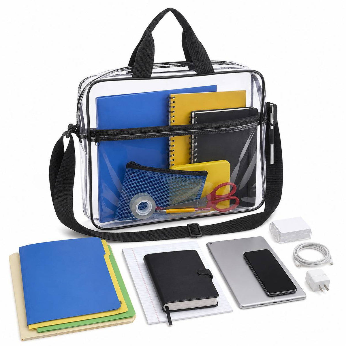 Clear portfolio briefcase packed with folders and a notebook, surrounded by files, a notepad, a tablet, a phone, and charging accessories.
