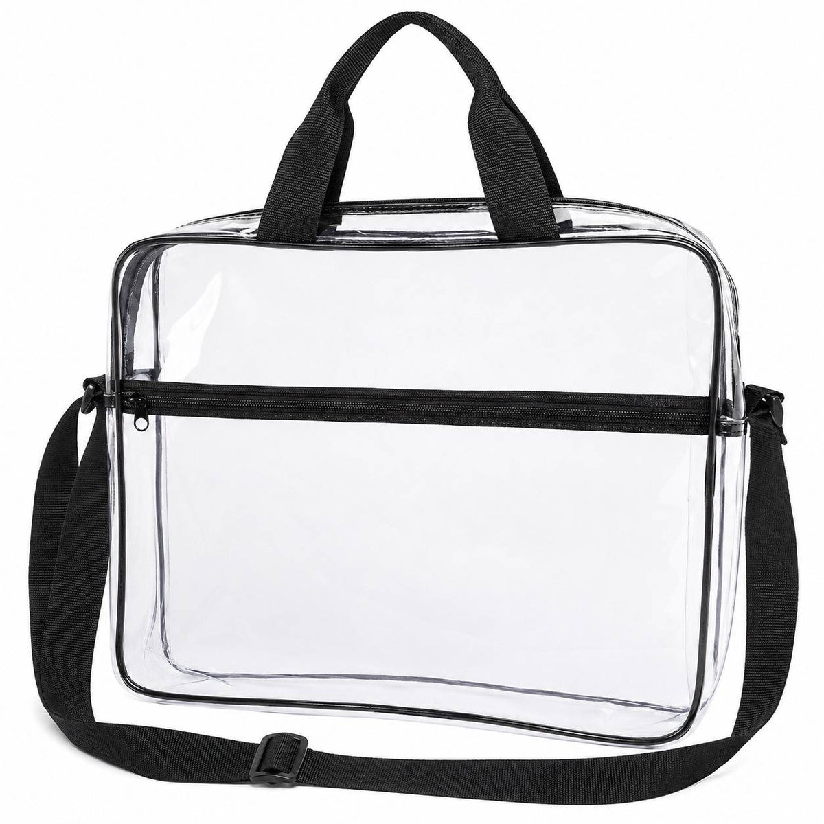 Clear portfolio briefcase with black trim and zipper closure, shown empty from an angled front view.