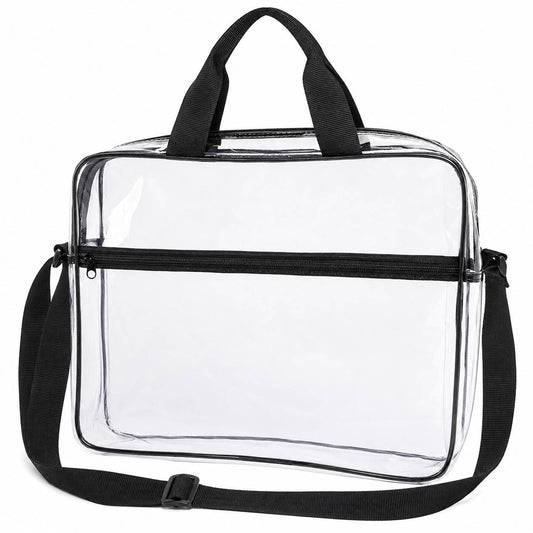Clear portfolio briefcase with black trim and zipper closure, shown empty from an angled front view.