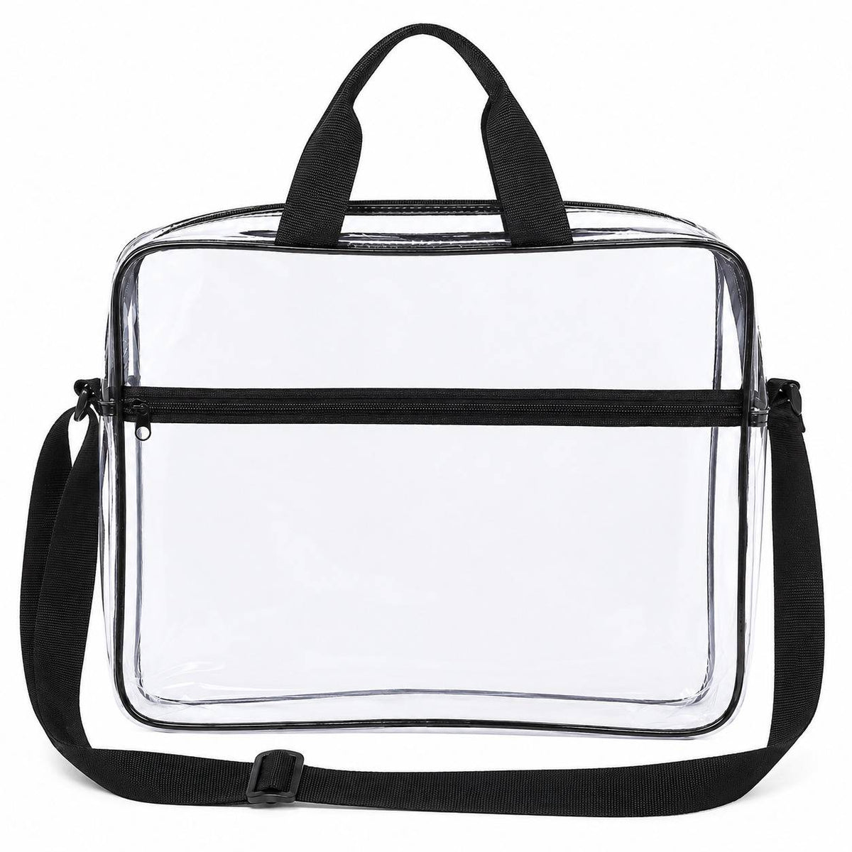 Straight-on front view of the empty clear portfolio briefcase with black handles and shoulder strap.