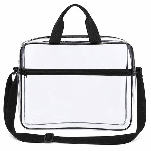 Straight-on front view of the empty clear portfolio briefcase with black handles and shoulder strap.