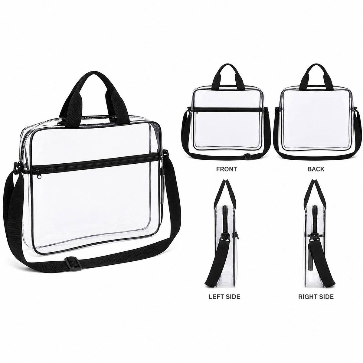 Multi-angle grid of the clear portfolio briefcase showing front, back, left side, and right side views.