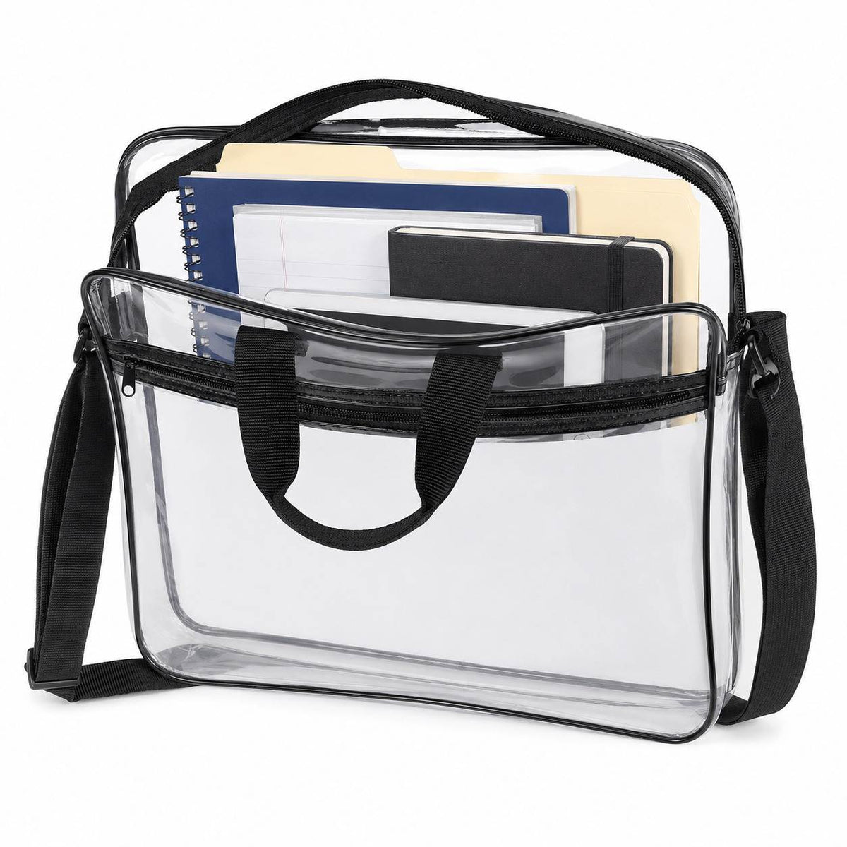 Clear portfolio briefcase packed with folders, a notepad, and a notebook, shown at an angle.