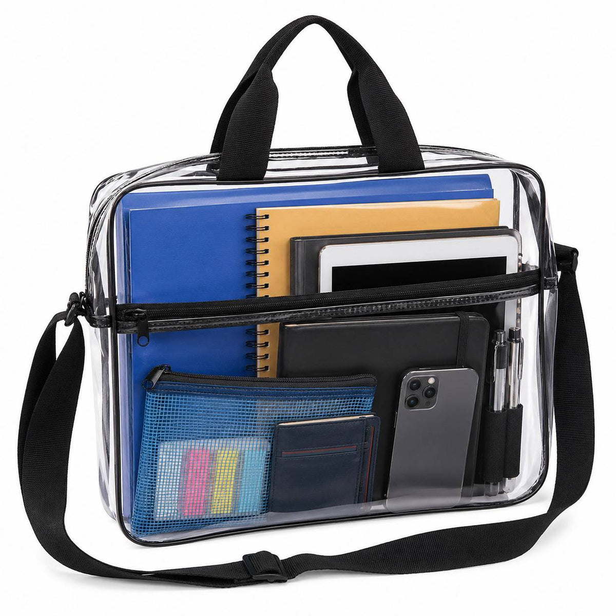 Clear portfolio briefcase packed with folders, a notebook, a tablet, and a phone, shown at an angle.