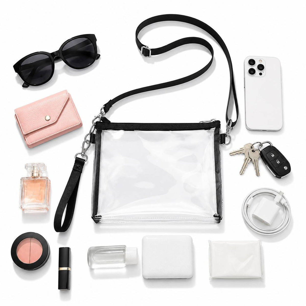Clear PVC bag with adjustable strap designed as a transparent shoulder bag for events