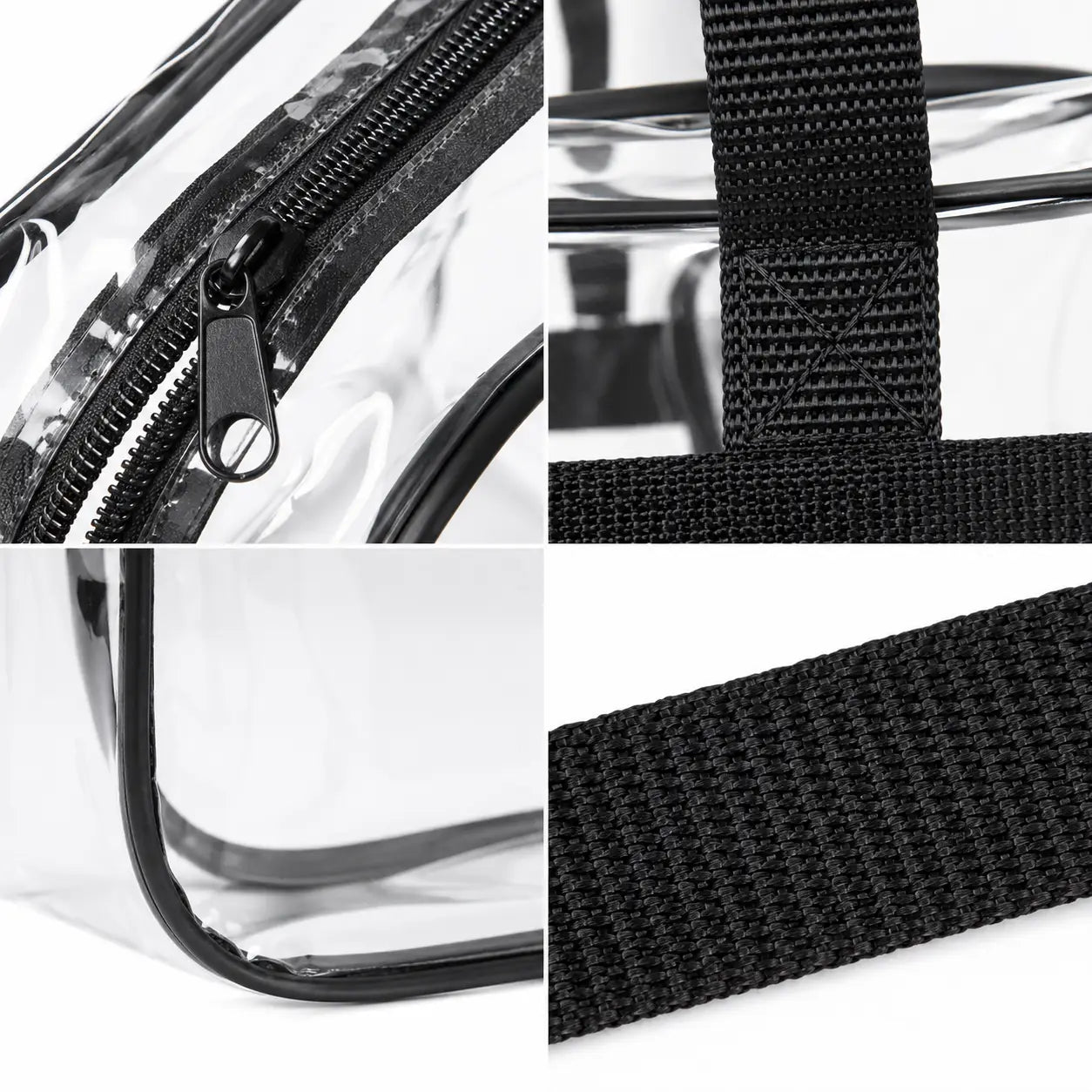 A four-panel close-up collage showing details of a transparent zippered bag: the clear material and black zipper, a black webbing strap, a curved transparent edge, and a close-up of the black woven strap texture on a white background.