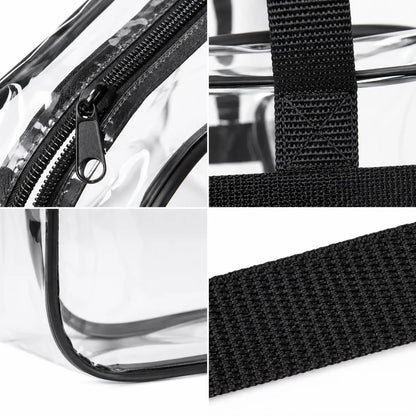 A four-panel close-up collage showing details of a transparent zippered bag: the clear material and black zipper, a black webbing strap, a curved transparent edge, and a close-up of the black woven strap texture on a white background.