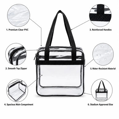Clear plastic toiletry bag with black handles and trim, shown on a white background with callout circles explaining features like clear PVC, smooth zipper, reinforced handles, water-resistant material, spacious main compartment, and stadium-approved size.