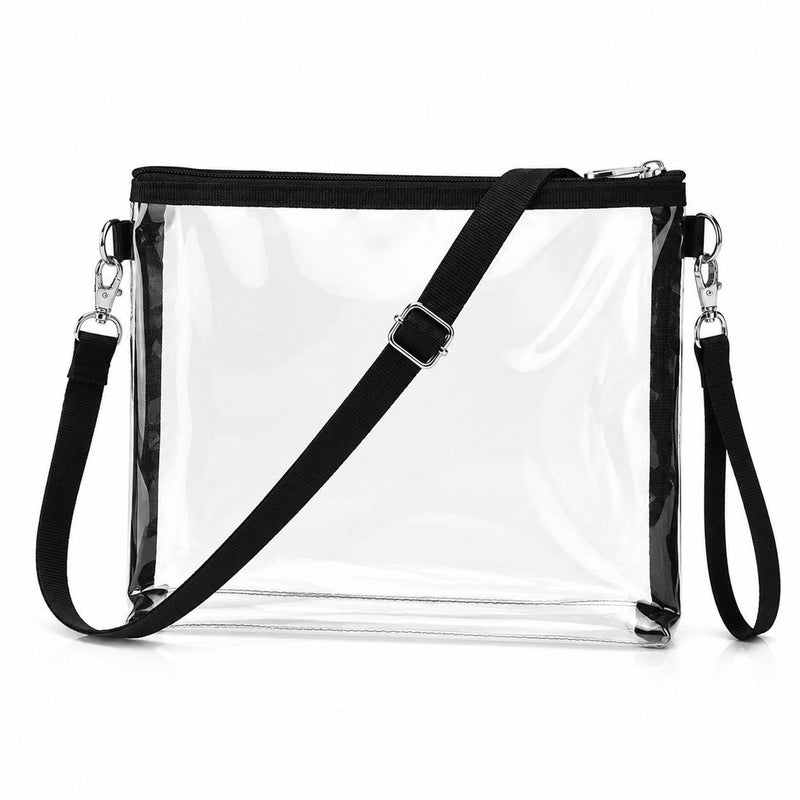Clear crossbody stadium bag clear purse, 10 by 7.5 by 1.5 inches, made from transparent PVC, well within Moody Center's clear bag limit