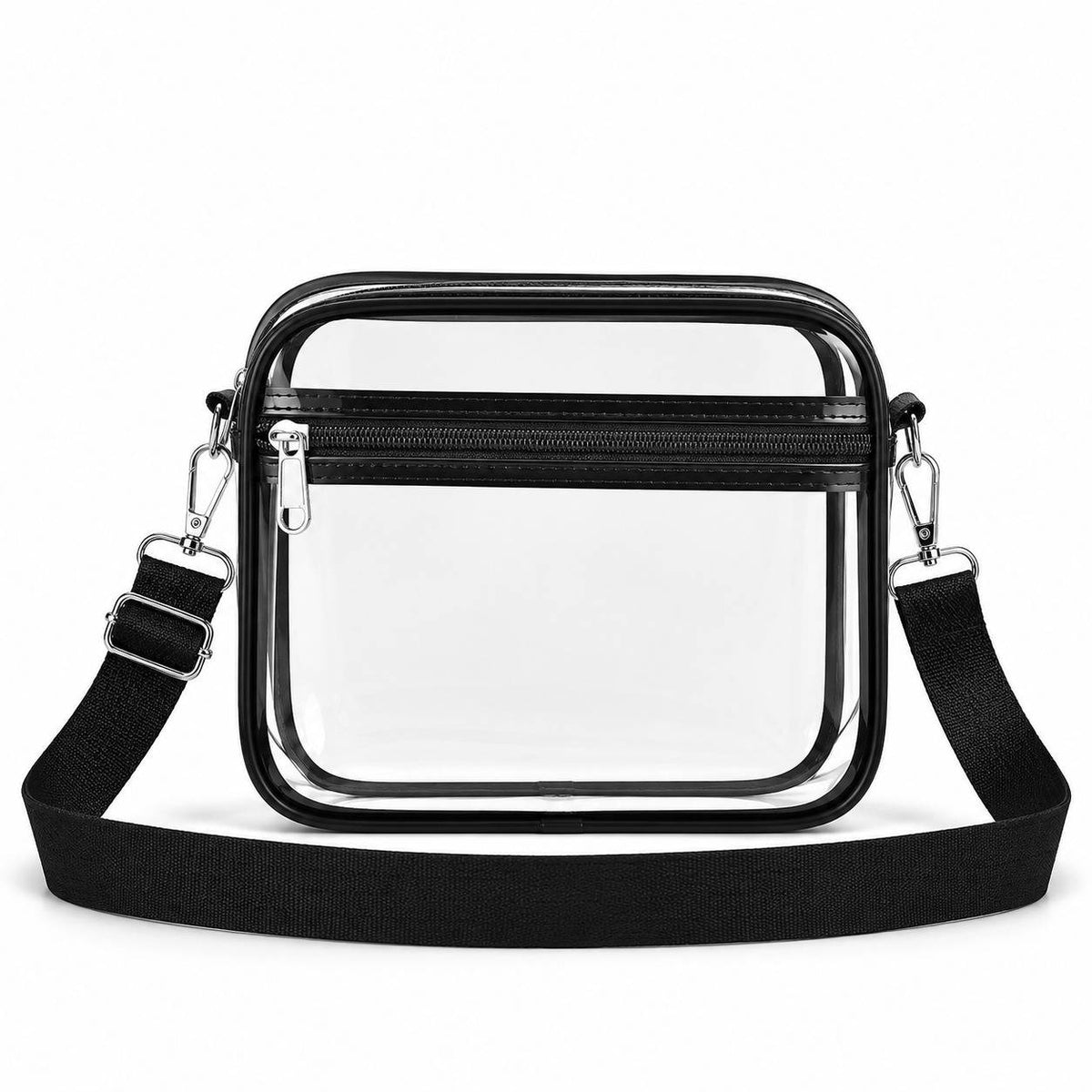 Clear stadium crossbody bag with black trim and adjustable shoulder strap