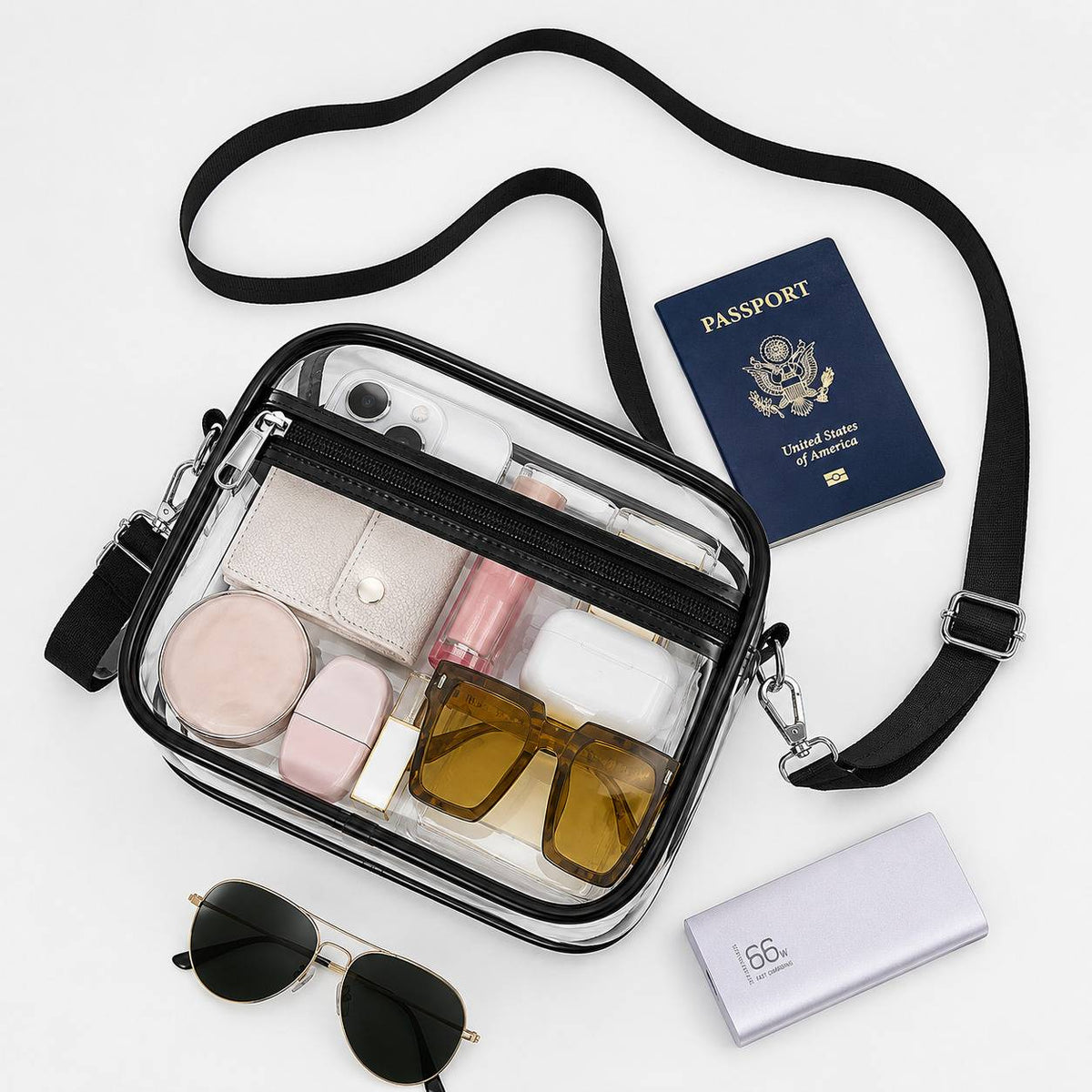 Clear stadium purse measuring 8.27 x 6.5 x 3.27 inches