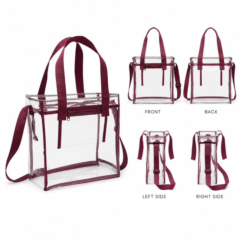 Burgundy-trim clear stadium tote shown from the front, back, left side, and right side.