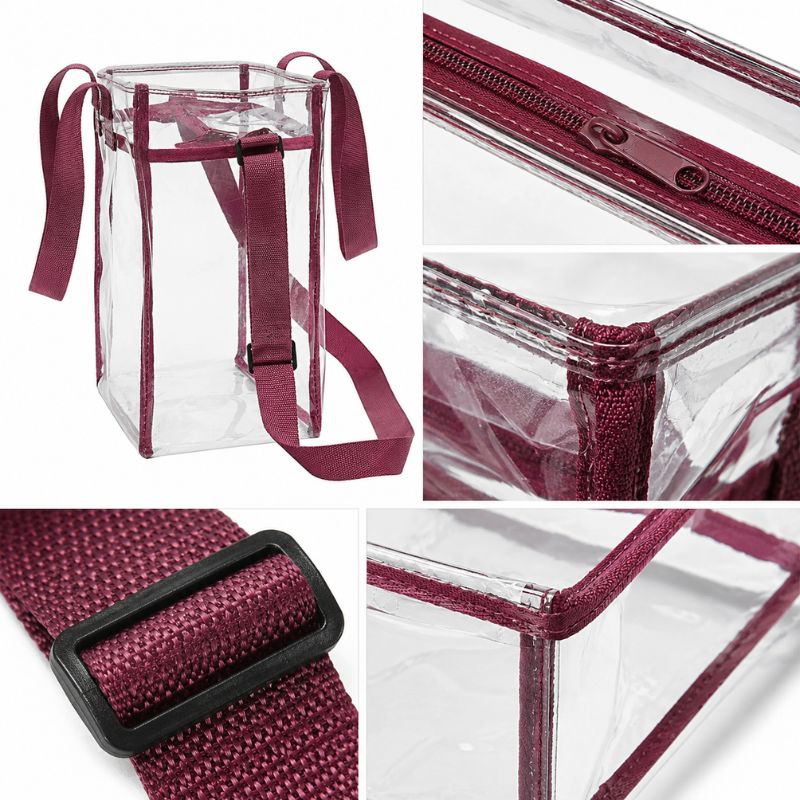 Close-up views of the burgundy zipper, clear PVC seams, adjustable strap buckle, trim, and side profile of the clear tote.