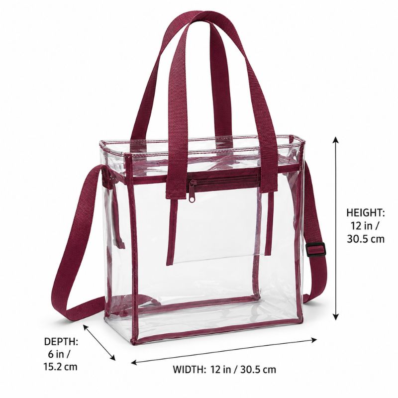 Burgundy-trim clear tote shown with measurement callouts for 12-inch width, 12-inch height, and 6-inch depth.
