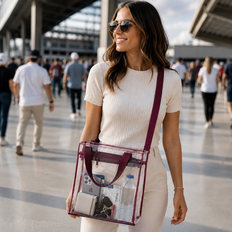 Woman carrying a burgundy-trim clear tote with an adjustable shoulder strap outside an event venue.