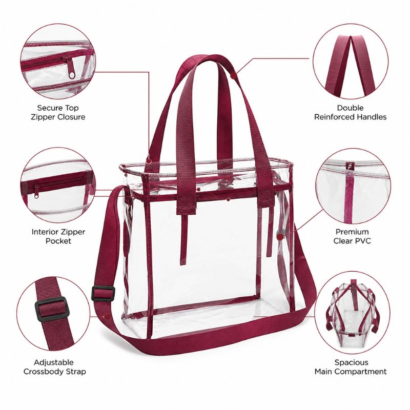Burgundy-trim clear tote with detail callouts for the zipper closure, interior pocket, handles, adjustable strap, clear body, and main compartment.