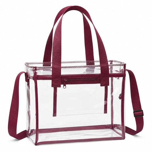 Empty clear 12 x 12 x 6 tote with burgundy trim, top handles, interior zipper pocket, and adjustable shoulder strap.